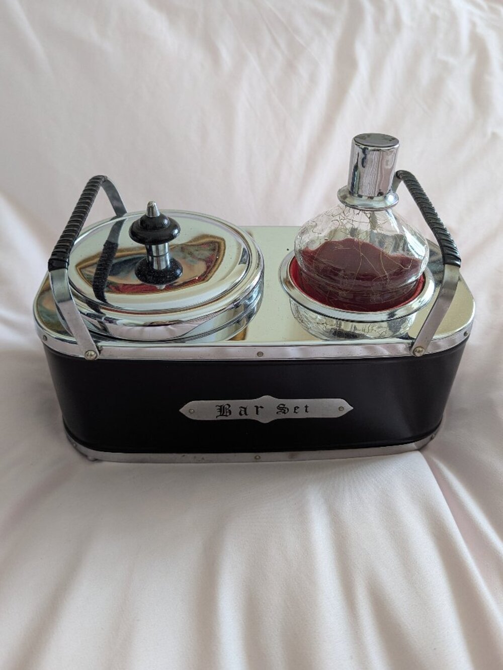 Anchor Hocking Vintage Black Chrome Musical Bar Set Decanter Ice Bucket